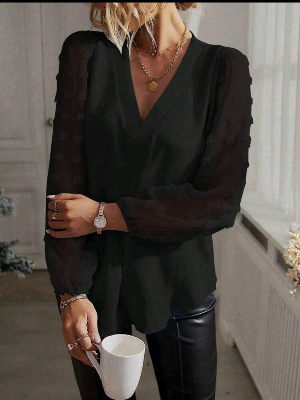 BRAND NEW ** Elegant Black V-Neck Blouse with Sheer Sleeves